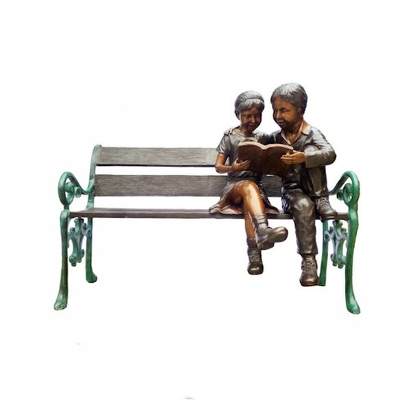 High quality bronze children reading on bench boy and girl
